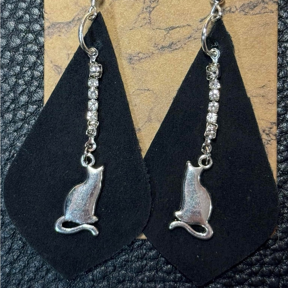 Silver and Black Cat Charm Earrings